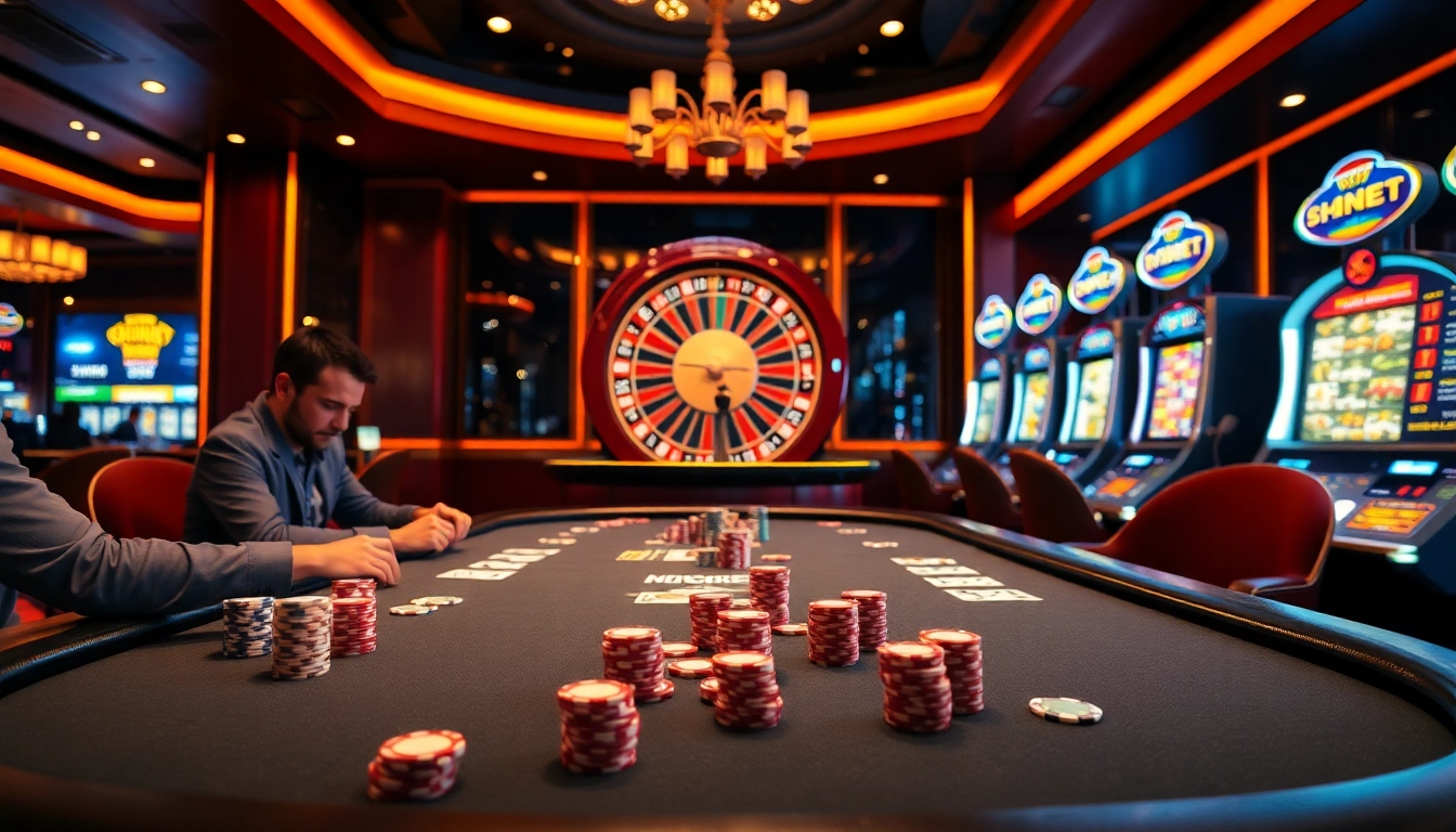 Exciting poker game scene showcasing 99ok with vibrant chips and cards at a luxurious casino.