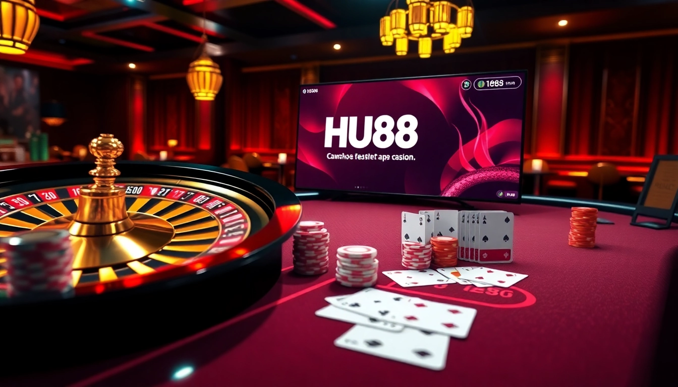 Experience high excitement at the HU88 online casino with vibrant poker chips and roulette wheels.