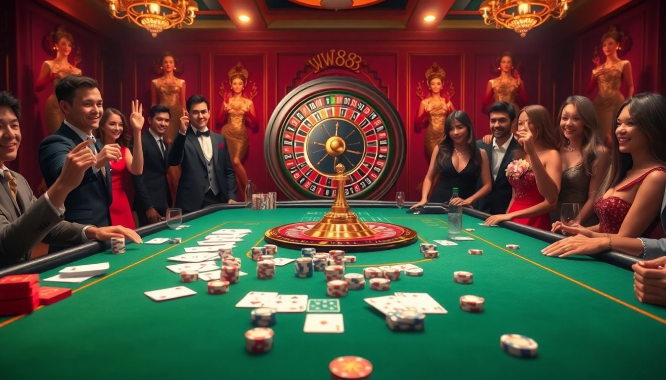 WW88 casino table scene with players enjoying poker and roulette in a glamorous setting.