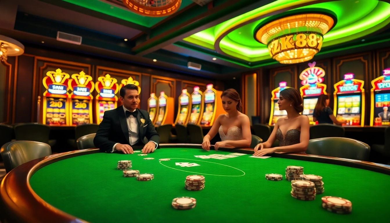 ZK88 players engaging in a high-stakes poker game, showcasing luxury and excitement in a vibrant casino setting.