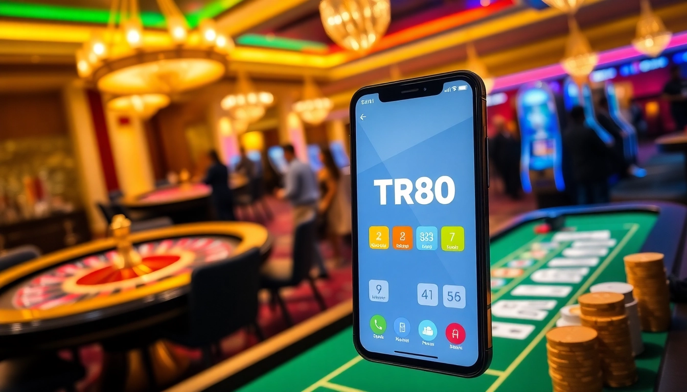 Engaging casino visuals featuring the TR88 app on a smartphone amidst lively betting activities.