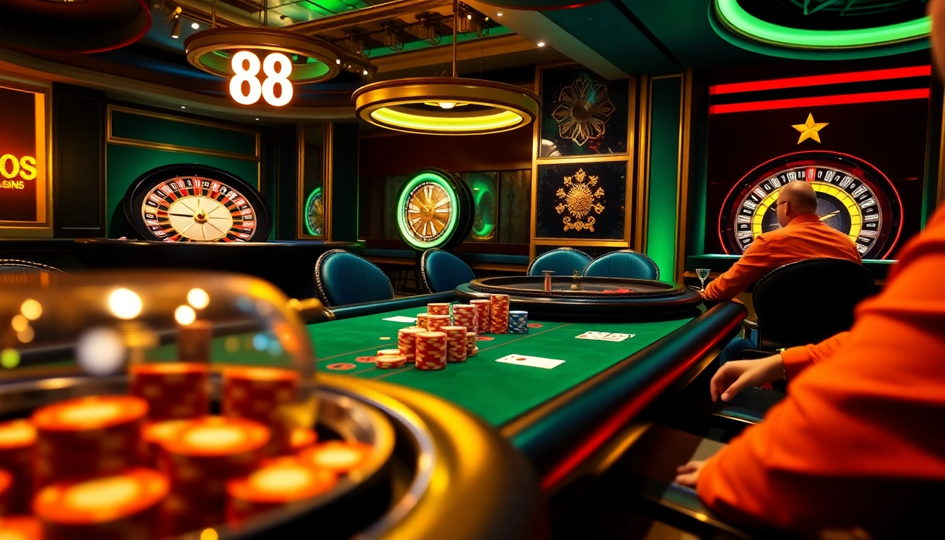 B8 illuminated sign amidst a luxurious casino poker scene featuring engaged players and vibrant decor.