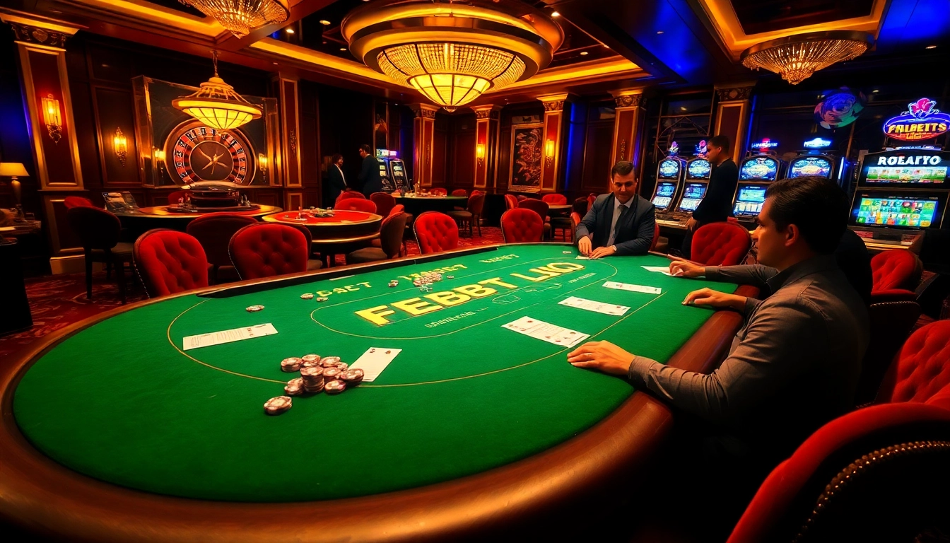 FEBET table vibrant poker game with players and colorful roulette background.