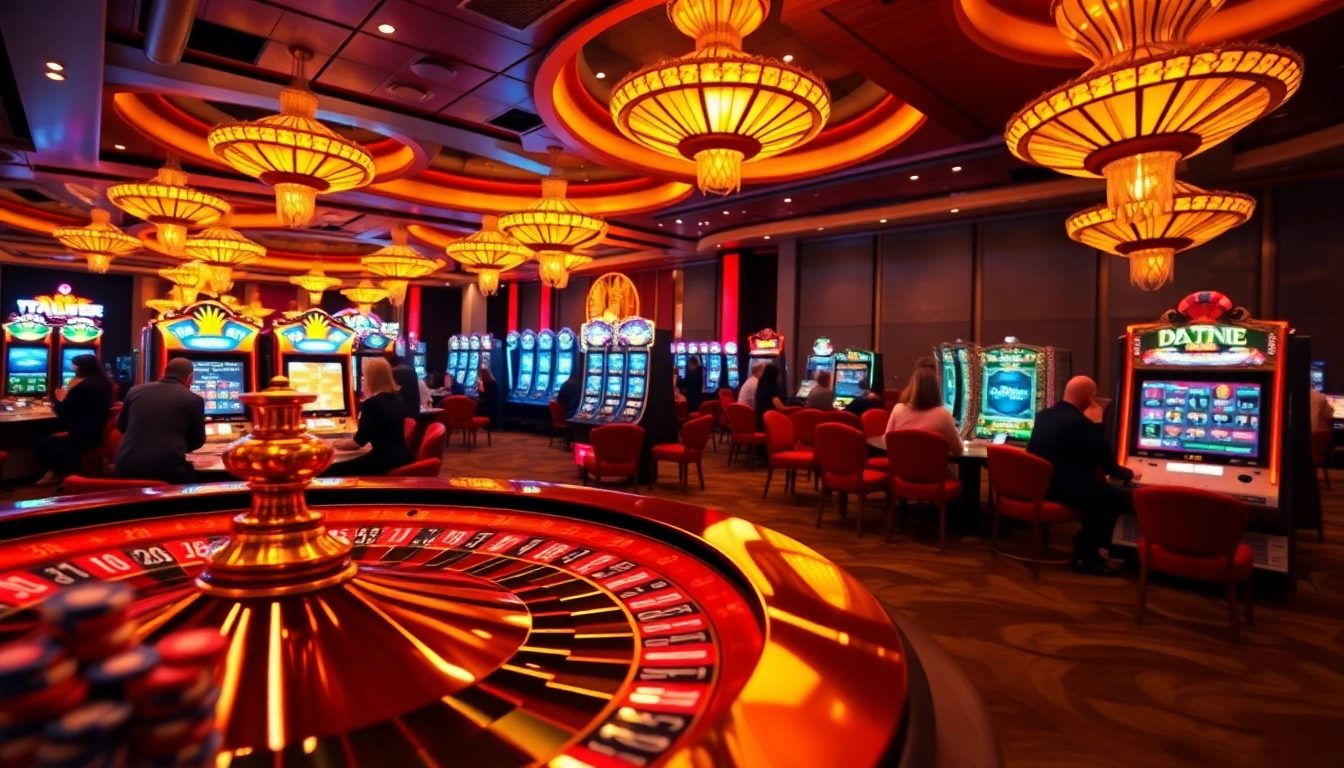 HBBET's luxurious online casino atmosphere filled with vibrant slot machines and poker chips.