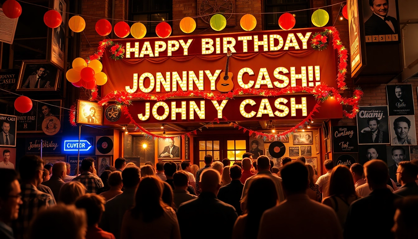 Celebration scene from johnnycashbirthday.com with fans, decorations, and musical memorabilia honoring Johnny Cash's legacy.