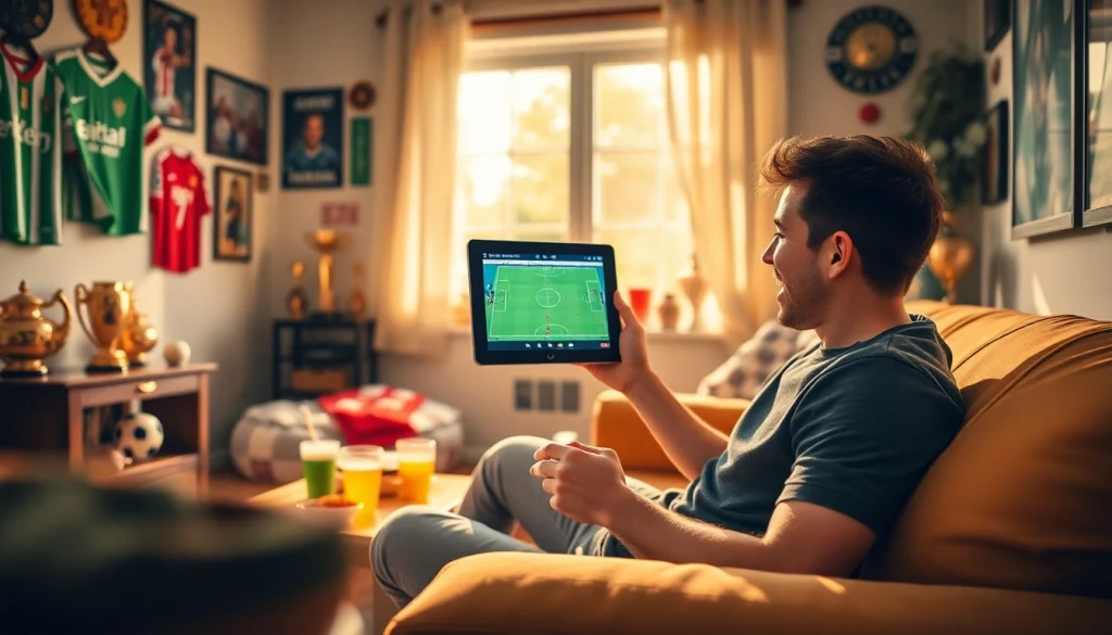 Excited soccer fan streaming live matches on joemadfan.com in a cozy living room filled with memorabilia.
