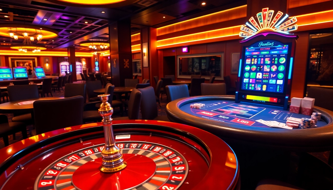 Engaging winvn online gambling scene featuring roulette, poker chips, and vibrant slot machines.