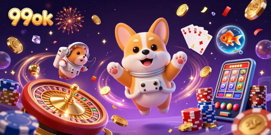99ok offers an exciting gambling experience featuring fun characters in a vibrant casino setting.