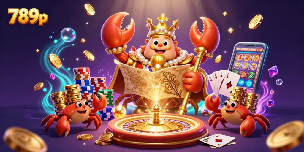 Engage in thrilling gameplay at 789p with the majestic crab emperor and vibrant casino elements.