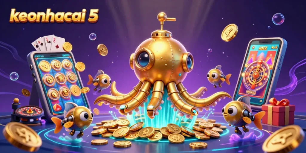 Immerse yourself in the world of keonhacai 5, featuring a golden kraken submarine amidst a treasure of coins and casino games.