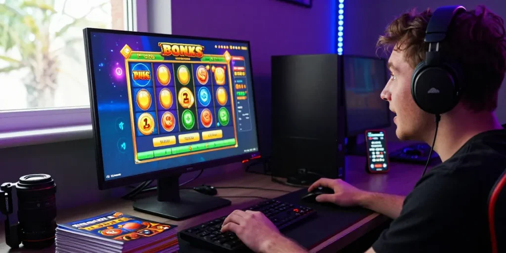 Player engaging with slots where you can buy bonus at home casino setup, excited expression and vibrant gaming accessories.