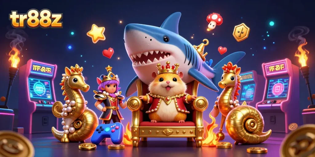 Experience the thrill of tr88z with vibrant games and a golden hamster king in a fantastical casino.