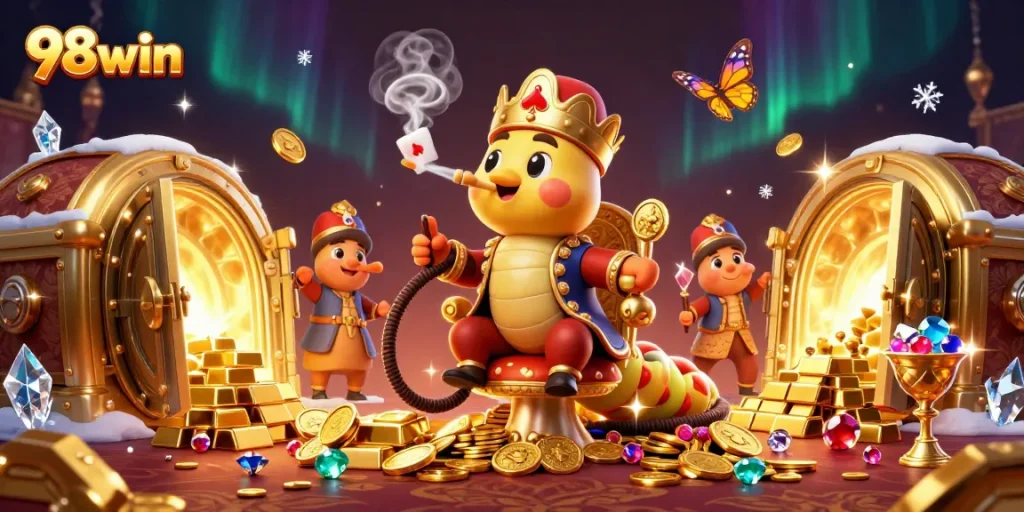 Experience the excitement of 98win with this vibrant casino illustration featuring poker-themed elements and a magical atmosphere.