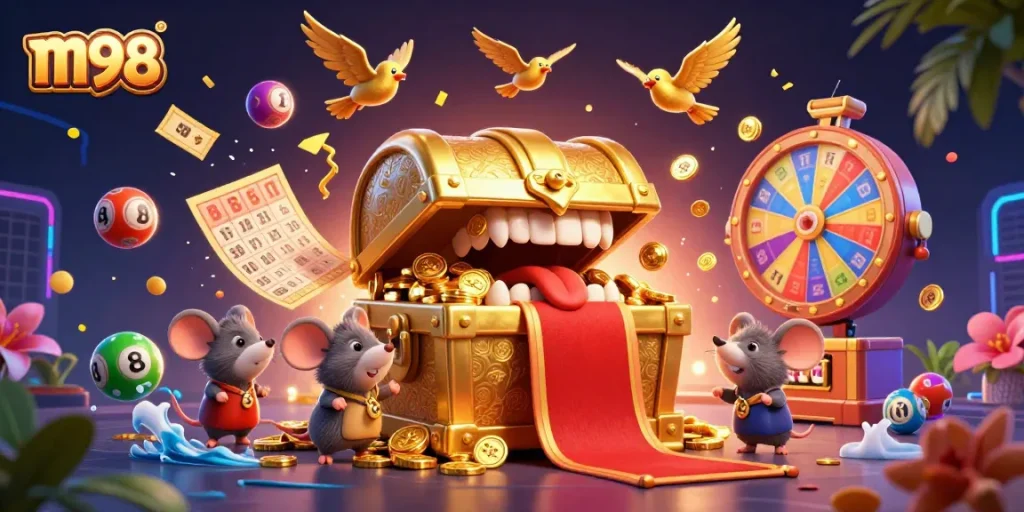 M98 players winning with vibrant lottery elements, showcasing huge gambling excitement.