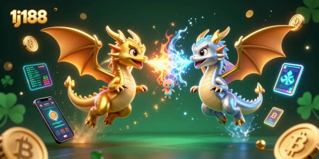 Experience thrilling gameplay with 1j188 as gold and silver dragons soar amidst dynamic casino elements.