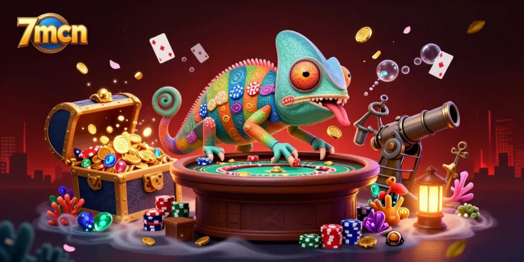 Experience the vibrant action of 7mcn as a chameleon casino owner snatches golden coins amidst dynamic game elements.