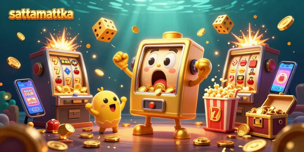 Sattamattka jackpot celebration with a golden slot machine and baby slots cheering amidst vibrant casino elements.