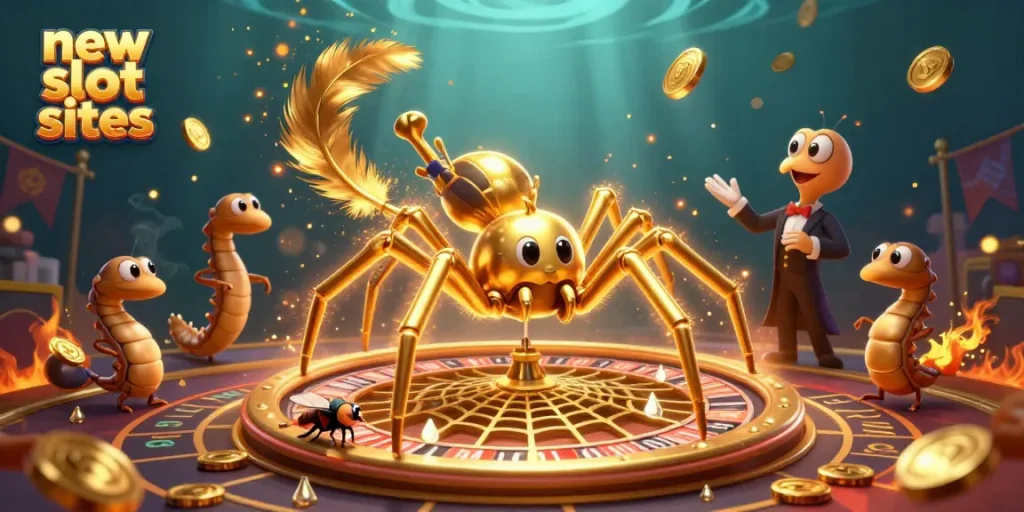 Experience the thrill at new slot sites with a golden spider and a centipede croupier spinning fortunes.