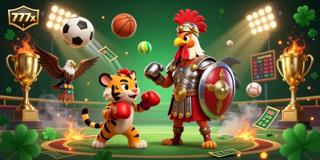 Experience thrilling action at 777x with a cartoon gladiator rooster in a vibrant casino arena.