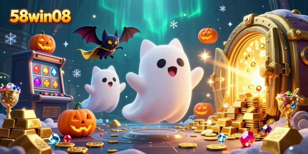 Engage in thrilling action with the 58win08 ghost cat and vampire bat companions in an exciting casino scene.