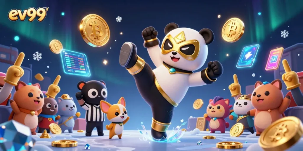 ev99 showcases action with a panda wrestler flying kick amidst crypto coins and delighted spectators.