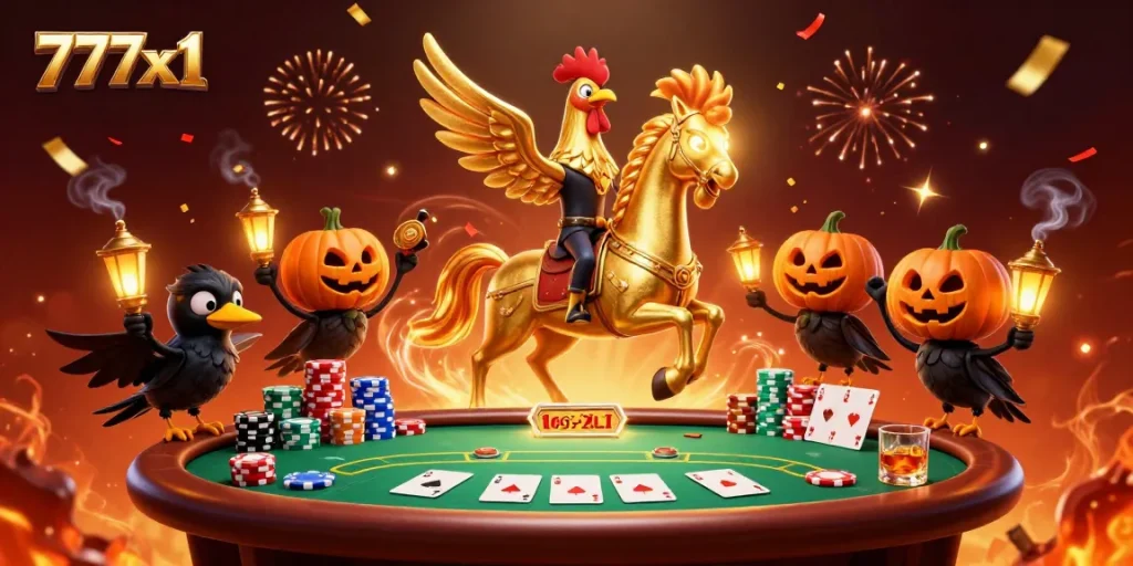 Experience excitement at 777x1 casino with immersive gaming, golden rooster character and vibrant details.