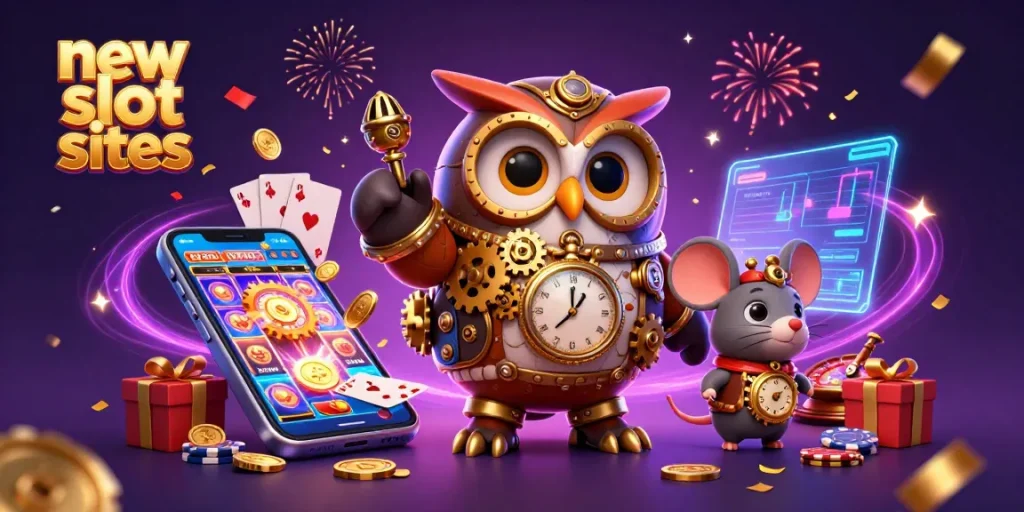 Experience new slot sites with a vibrant 3D casino scene featuring an owl and mouse amid gaming elements.