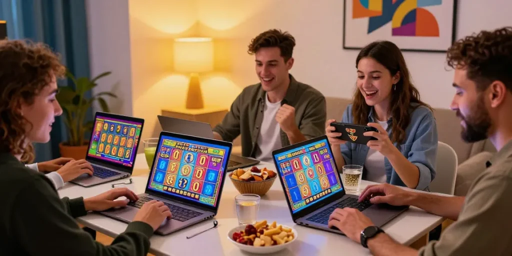 Friends enjoying new online casinos in the UK while playing virtual slot games on laptops and smartphones.