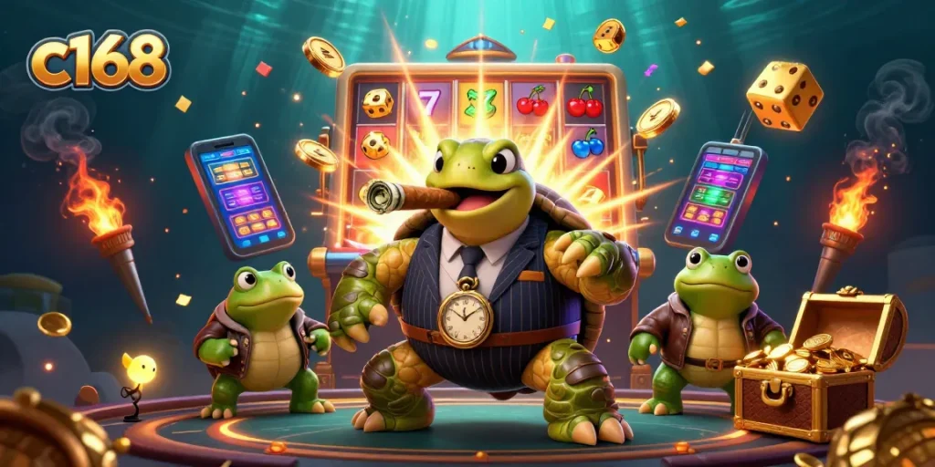 Experience the excitement of c168 with a cartoon turtle mobster and his bullfrog enforcers in a casino scene.