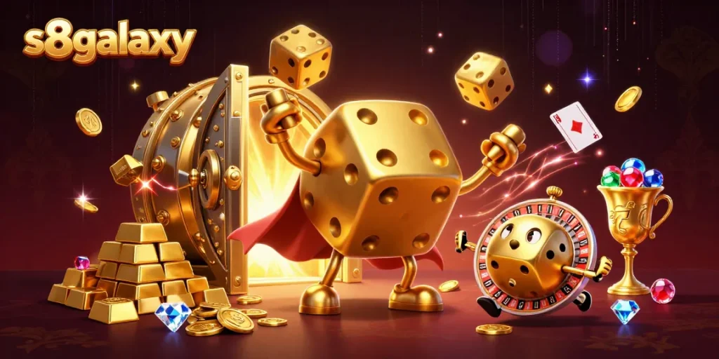 Experience thrilling online gambling excitement with s8galaxy's vibrant 3D casino illustration showcasing golden dice and jackpots.