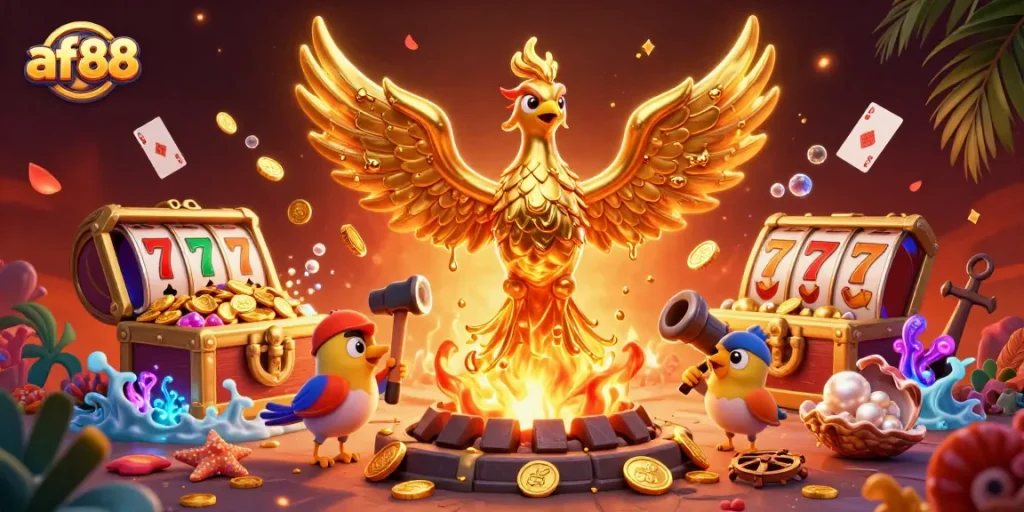 Experience the excitement of af88 with a golden phoenix, gold coins, and vibrant slot game elements.