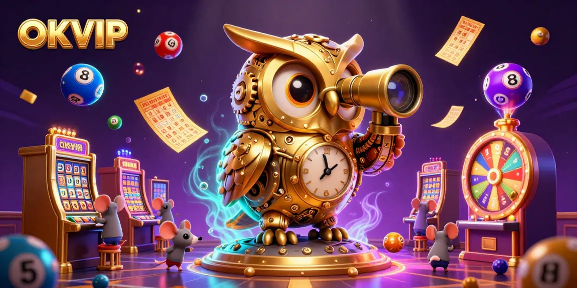 Experience the excitement of OKVIP with a vibrant casino scene featuring a golden owl and playful mice.