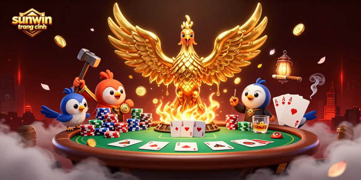 Engage with the sunwin trang chính experience through dynamic golden phoenix and poker elements in a vibrant casino setting.