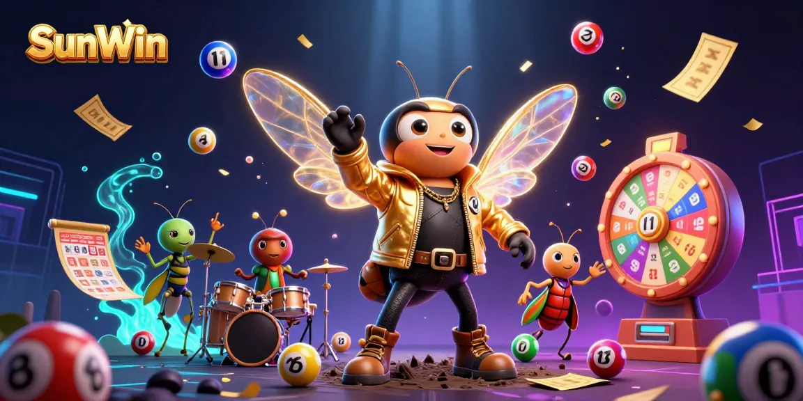 Experience the excitement of SunWin with a vibrant illustration featuring a rock star cicada and a dynamic casino atmosphere.
